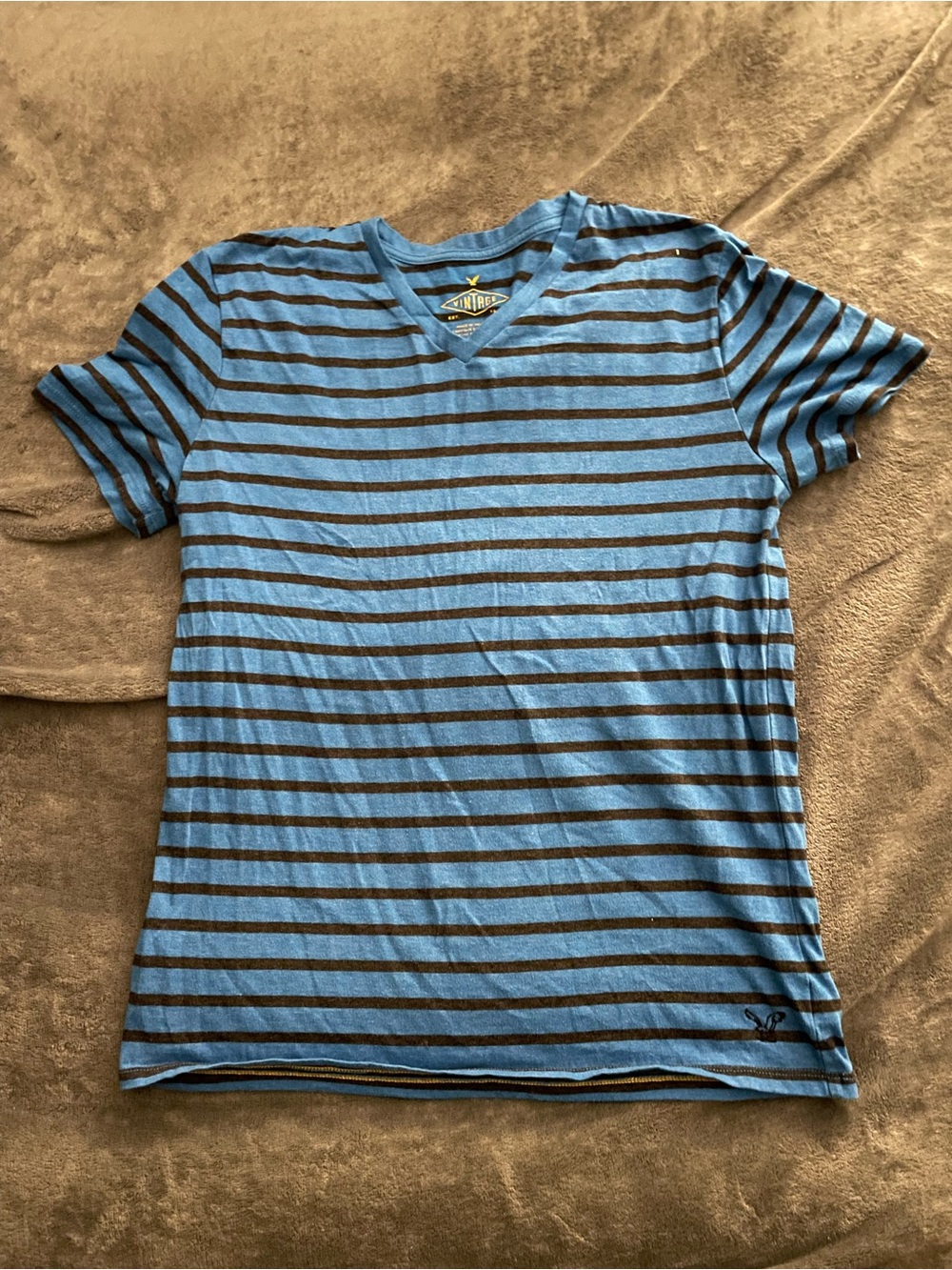 American Eagle Men’s Striped V-Neck T-Shirt Blue Black Vintage Fit Size M